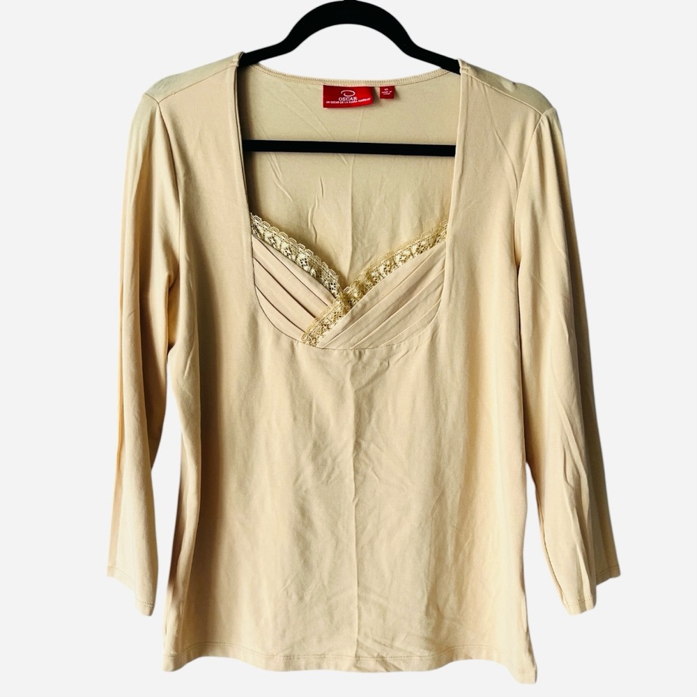 Oscar De La Renta Lace Trim Long Sleeve Cotton Top XL Apricot Beige